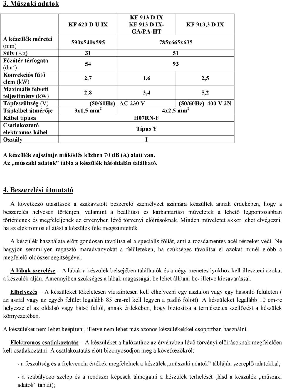 elektromos kábel Típus Y Osztály I A készülék zajszintje működés közben 70 db (A) alatt van. Az műszaki adatok tábla a készülék hátoldalán található. 4.