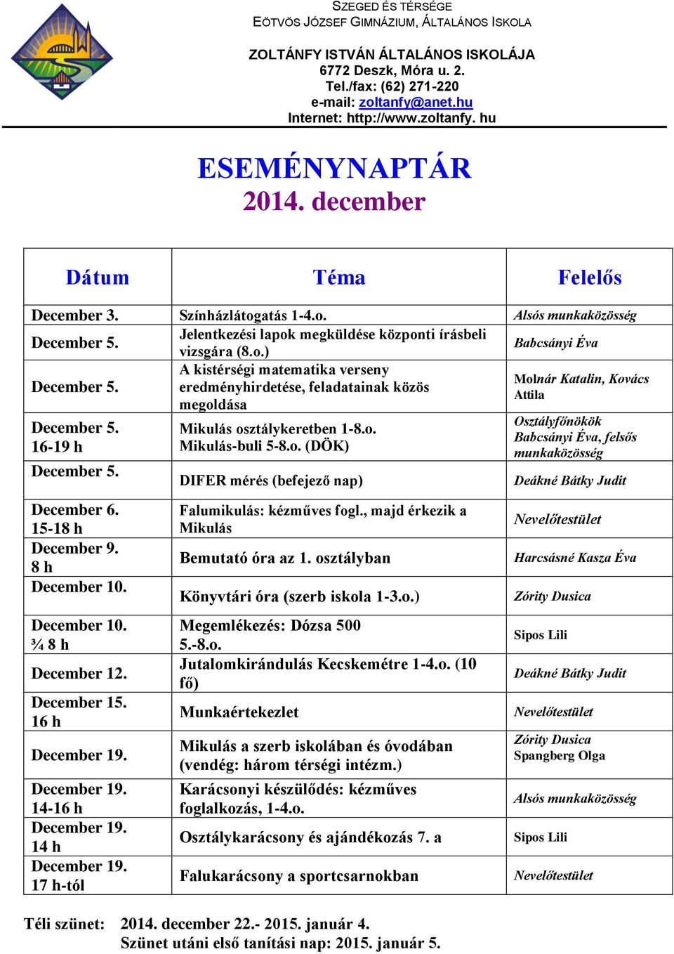 December 15. December 19. December 19. 14- December 19. December 19. -tól Mikulás osztálykeretben 1-8.o. Mikulás-buli 5-8.o. (DÖK) DIFER mérés (befejező nap) Falumikulás: kézműves fogl.