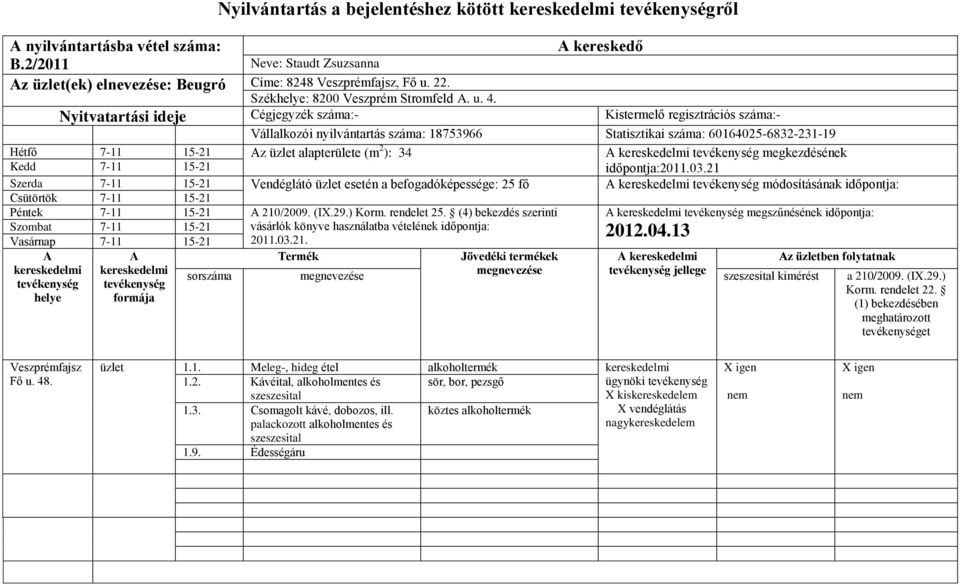 Nyitvatartási ideje Cégjegyzék száma:- Kistermelő regisztrációs száma:- Vállalkozói nyilvántartás száma: 18753966 Statisztikai száma: 60164025-6832-231-19 Hétfő 7-11 15-21 z üzlet alapterülete (m 2