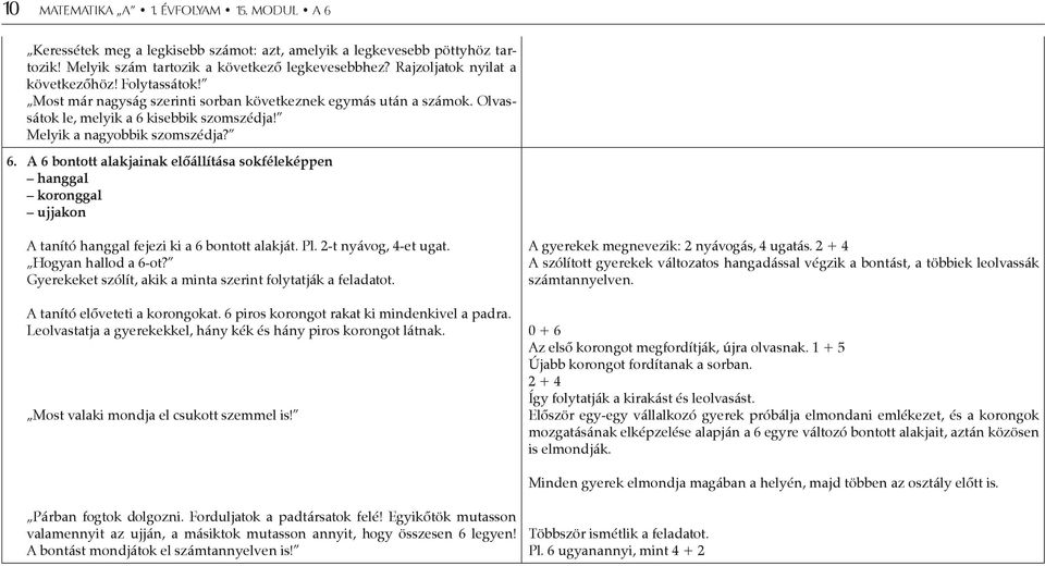 kisebbik szomszédja! Melyik a nagyobbik szomszédja? 6. A 6 bontott alakjainak előállítása sokféleképpen hanggal koronggal ujjakon A tanító hanggal fejezi ki a 6 bontott alakját. Pl.