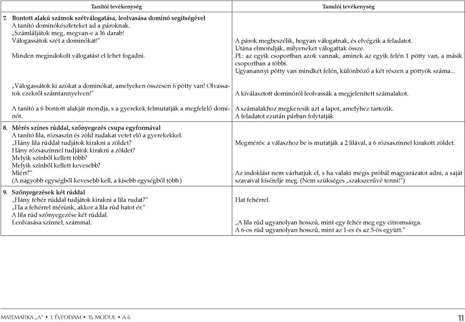 A tanító a 6 bontott alakját mondja, s a gyerekek felmutatják a megfelelő dominót. 8.