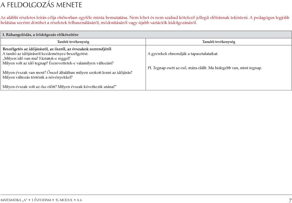 Ráhangolódás, a feldolgozás előkészítése Tanítói tevékenység Beszélgetés az időjárásról, az őszről, az évszakok sorrendjéről A tanító az időjárásról kezdeményez beszélgetést. Milyen idő van ma?