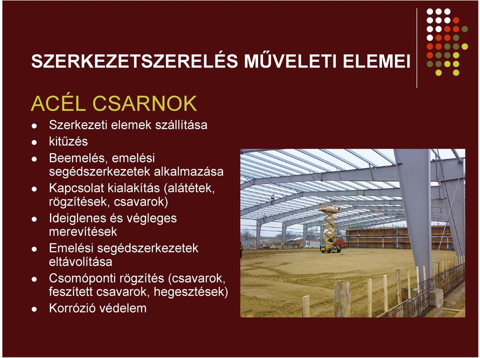 rögzítések, csavarok) Ideiglenes és végleges merevítések Emelési segédszerkezetek