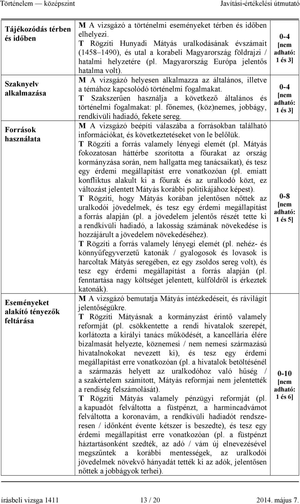 M A vizsgázó helyesen alkalmazza az általános, illetve a témához kapcsolódó történelmi fogalmakat. T Szakszerűen használja a következő általános és történelmi fogalmakat: pl.