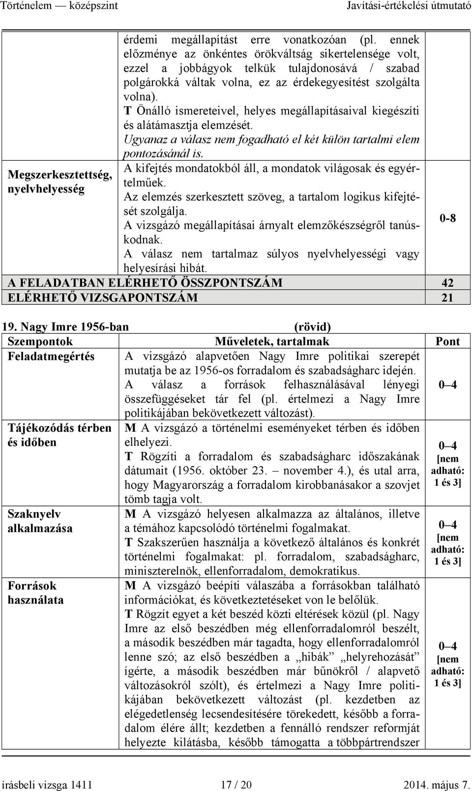 T Önálló ismereteivel, helyes megállapításaival kiegészíti és alátámasztja elemzését. Ugyanaz a válasz nem fogadható el két külön tartalmi elem pontozásánál is.