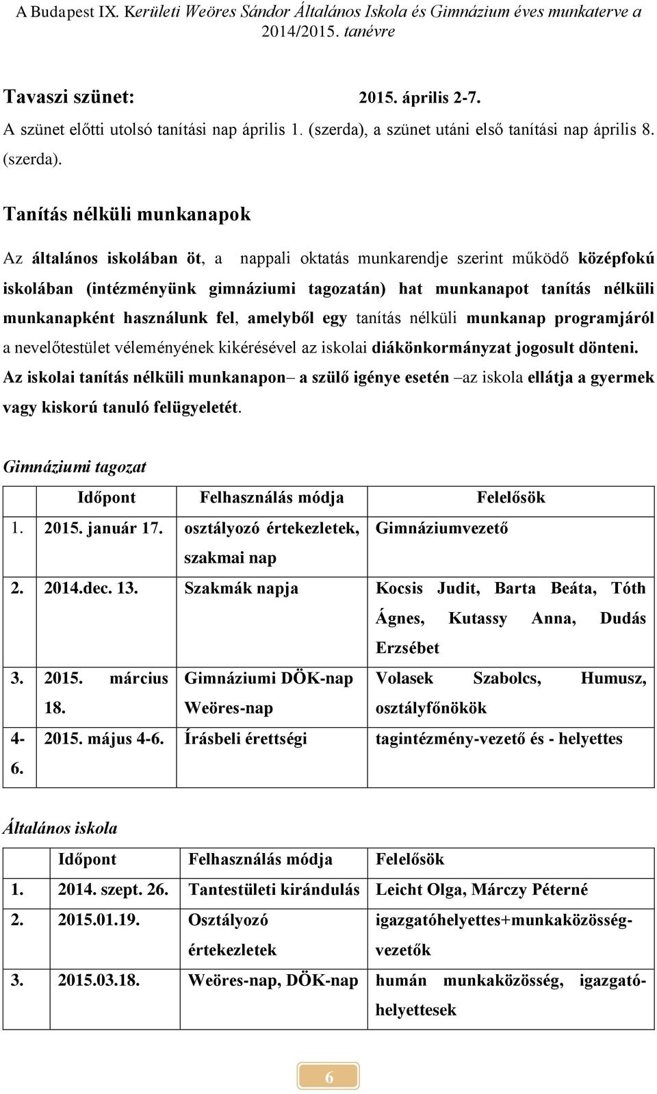 Tanítás nélküli munkanapok Az általános iskolában öt, a nappali oktatás munkarendje szerint működő középfokú iskolában (intézményünk gimnáziumi tagozatán) hat munkanapot tanítás nélküli munkanapként