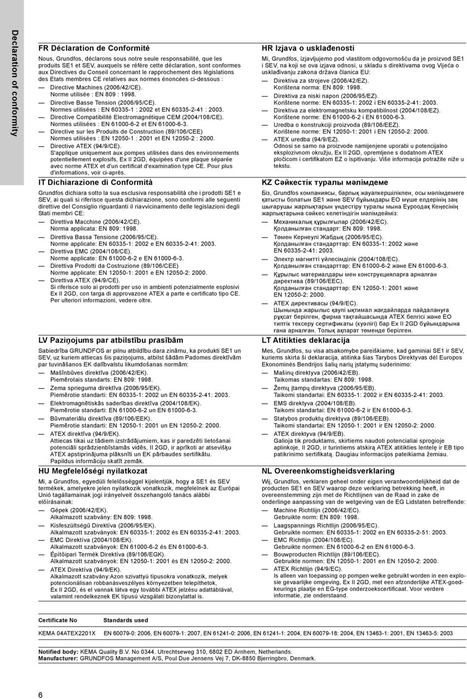 Directive Basse Tension (2006/95/CE). Normes utilisées : EN 60335-1 : 2002 et EN 60335-2-41 : 2003. Directive Compatibilité Electromagnétique CEM (2004/108/CE).