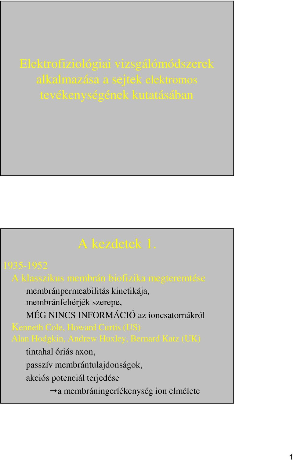 MÉG NINCS INFORMÁCIÓ az ioncsatornákról Kenneth Cole, Howard Curtis (US) Alan Hodgkin, Andrew Huxley, Bernard Katz
