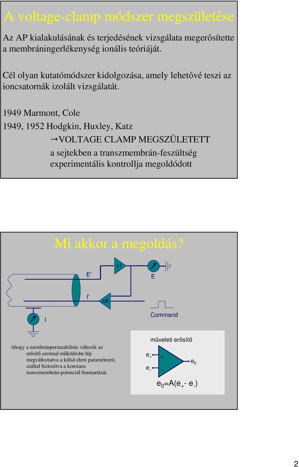 1949 Marmont, Cole 1949, 1952 Hodgkin, Huxley, Katz VOLTAGE CLAMP MEGSZÜLETETT a sejtekben a transzmembrán-feszültség experimentális kontrollja megoldódott Mi akkor a