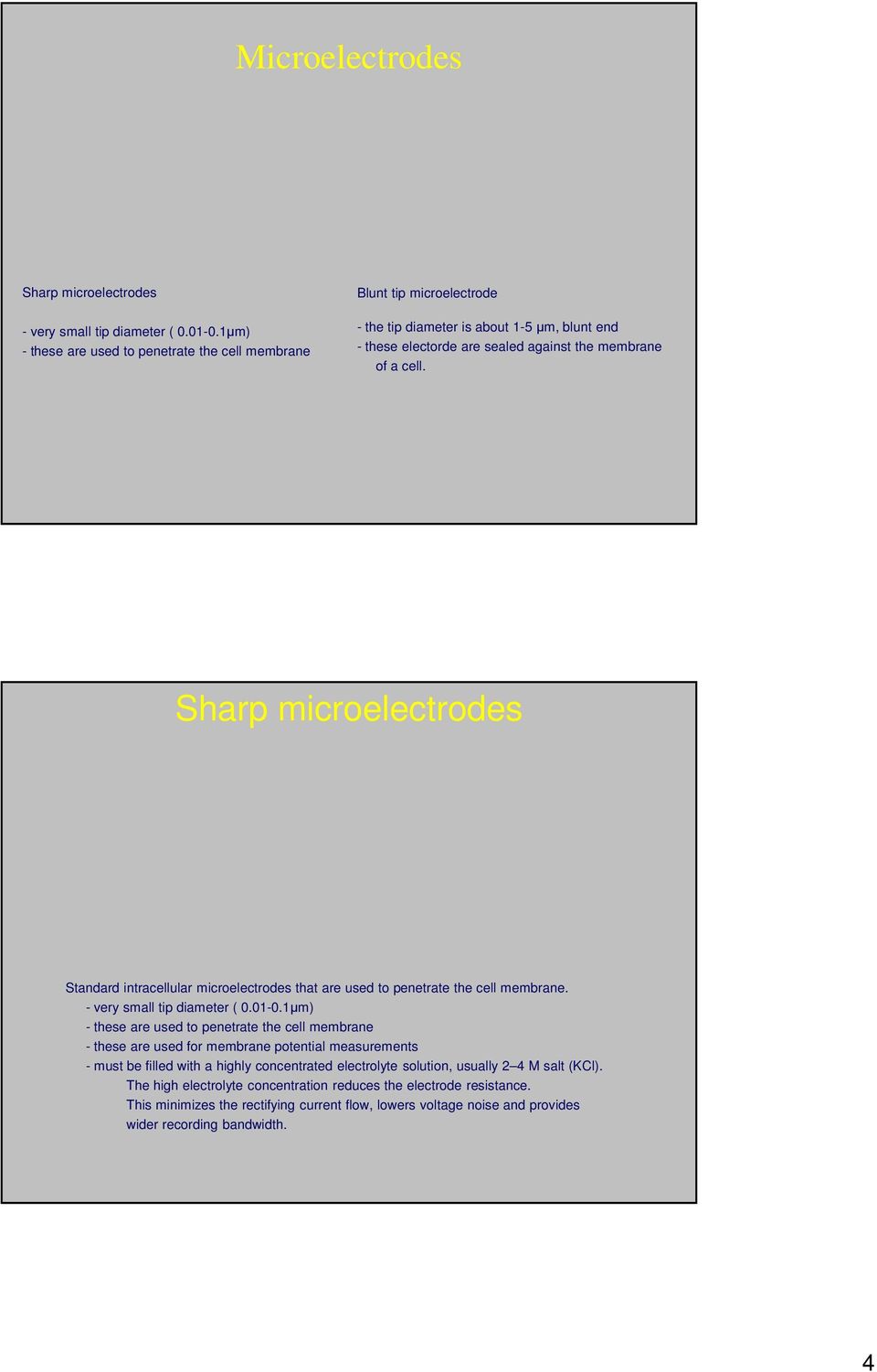 Sharp microelectrodes Standard intracellular microelectrodes that are used to penetrate the cell membrane. - very small tip diameter ( 0.01-0.