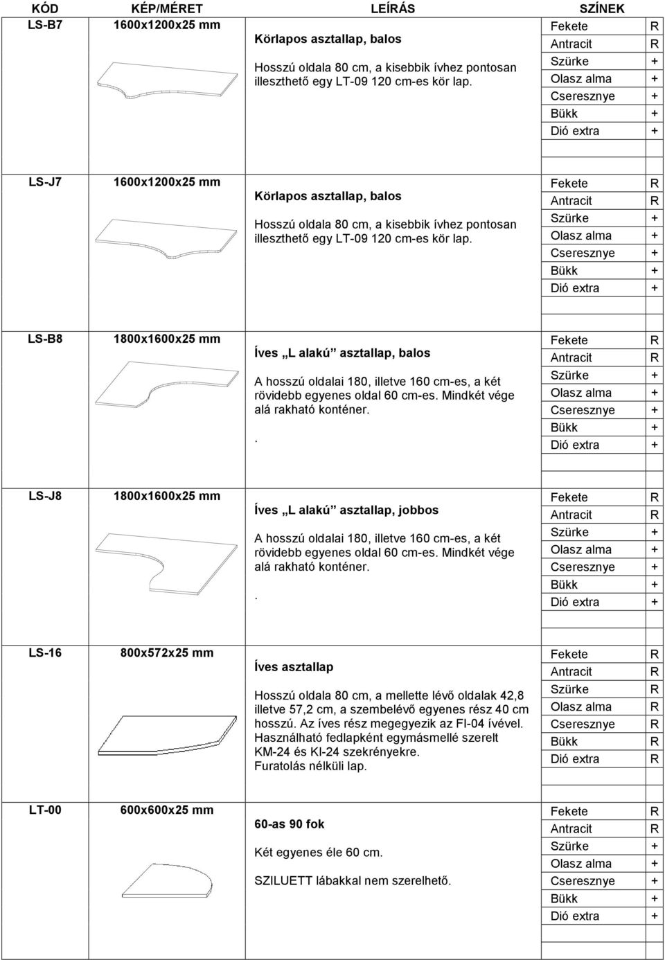két rövidebb egyenes oldal 60 cm-es Mindkét vége alá rakható konténer LS-J8 1800x1600x25 mm Íves L alakú asztallap, jobbos A hosszú oldalai 180, illetve 160 cm-es, a két rövidebb egyenes oldal 60