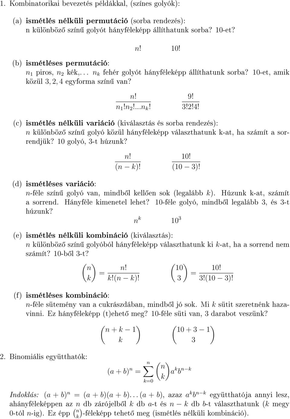 1. Kombinatorikai bevezetés példákkal, (színes golyók): - PDF Ingyenes  letöltés