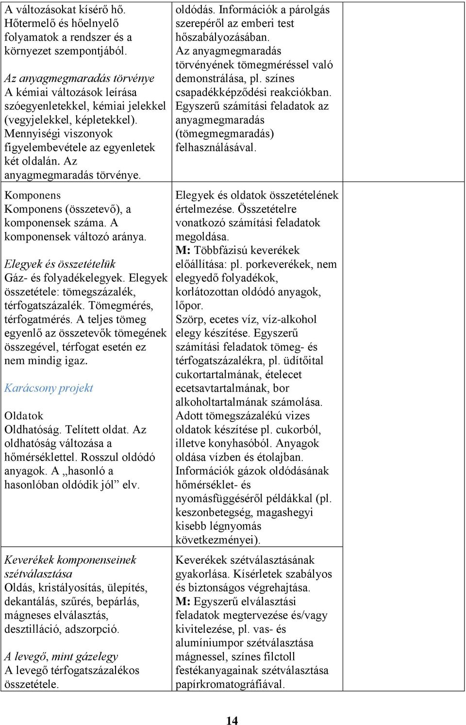 Az anyagmegmaradás törvénye. Komponens Komponens (összetevő), a komponensek száma. A komponensek változó aránya. Elegyek és összetételük Gáz- és folyadékelegyek.