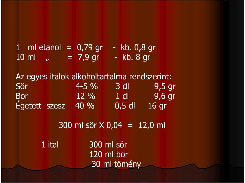 dl 9,5 gr Bor 12 % 1 dl 9,6 gr Égetett szesz 40 % 0,5 dl 16 gr