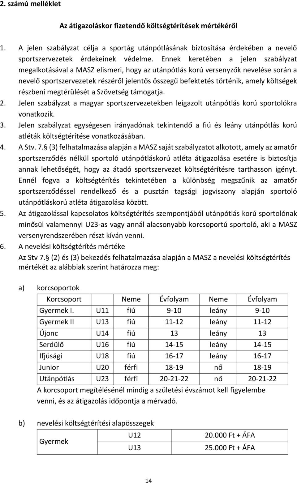 költségek részbeni megtérülését a Szövetség támogatja. 2. Jelen szabályzat a magyar sportszervezetekben leigazolt utánpótlás korú sportolókra vonatkozik. 3.