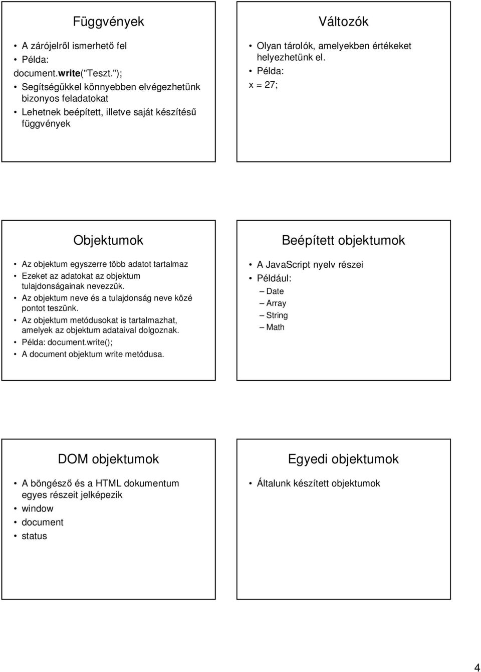 Példa: x = 27; Objektumok Az objektum egyszerre több adatot tartalmaz Ezeket az adatokat az objektum tulajdonságainak nevezzük. Az objektum neve és a tulajdonság neve közé pontot teszünk.