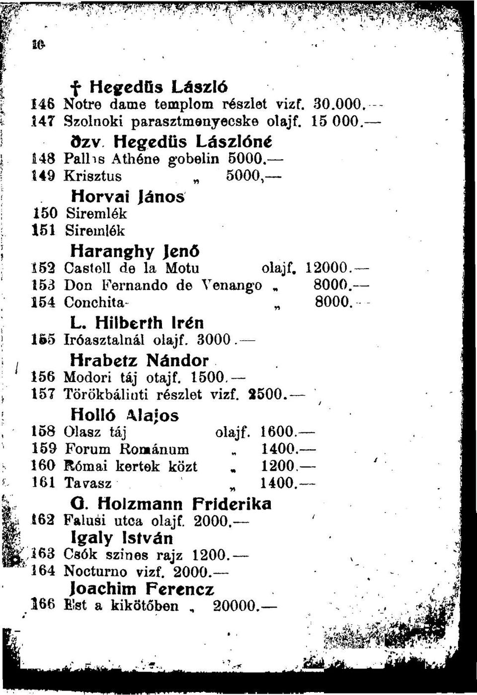 - 153 Don Fernando de Venango 8000.- 154 Conchita* 8000.- L. Hilberfh Irén 165 íróasztalnál olajf. 3000. Hrabeíz Nándor 156 Modori táj otajf. 1500 157 Törökbáliuti részlet vizf.