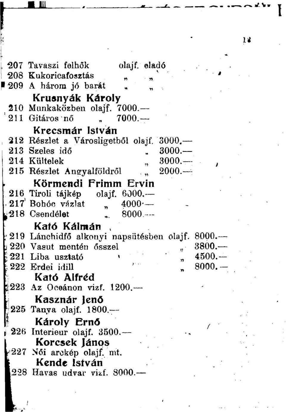 Körmendi Frimm Ervin 216 Tiroli tájkép olajf. 6000. 217 Bohóc vázlat 4000-218 Csendélet 8000.- Kató Kálmán ^219 Lánchídfő alkonyi napsütésben olajf.
