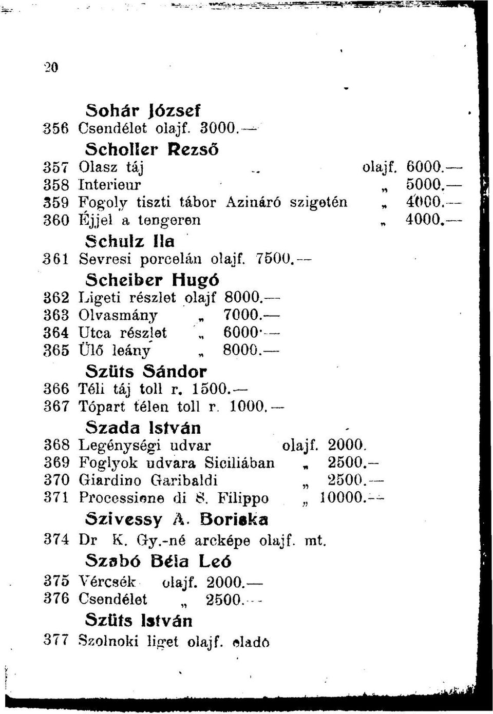 Utca részlet 6000- Ülő leány 8000. Sziiís Sándor Téli táj toll r. 1500. Tópart télen toll r. 1000. Szada István Legénységi udvar olajf. 2000. Foglyok udvara Siciliában 2500.