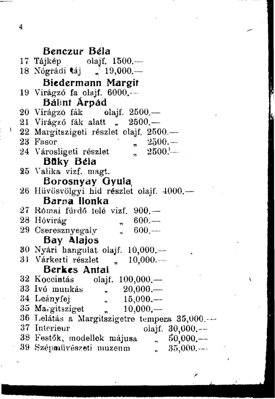Barna Ilonka 27 Római fürdő ielé vizf. 900. 28 Hóvirág 600: 29 Cseresznyegaiv 600. Bay Alajos 30 Nyári hangulat olajf. 10,000. 31 Várkerti részlet 10,000. Berkes Aníaí 32 Koccintás olajt.
