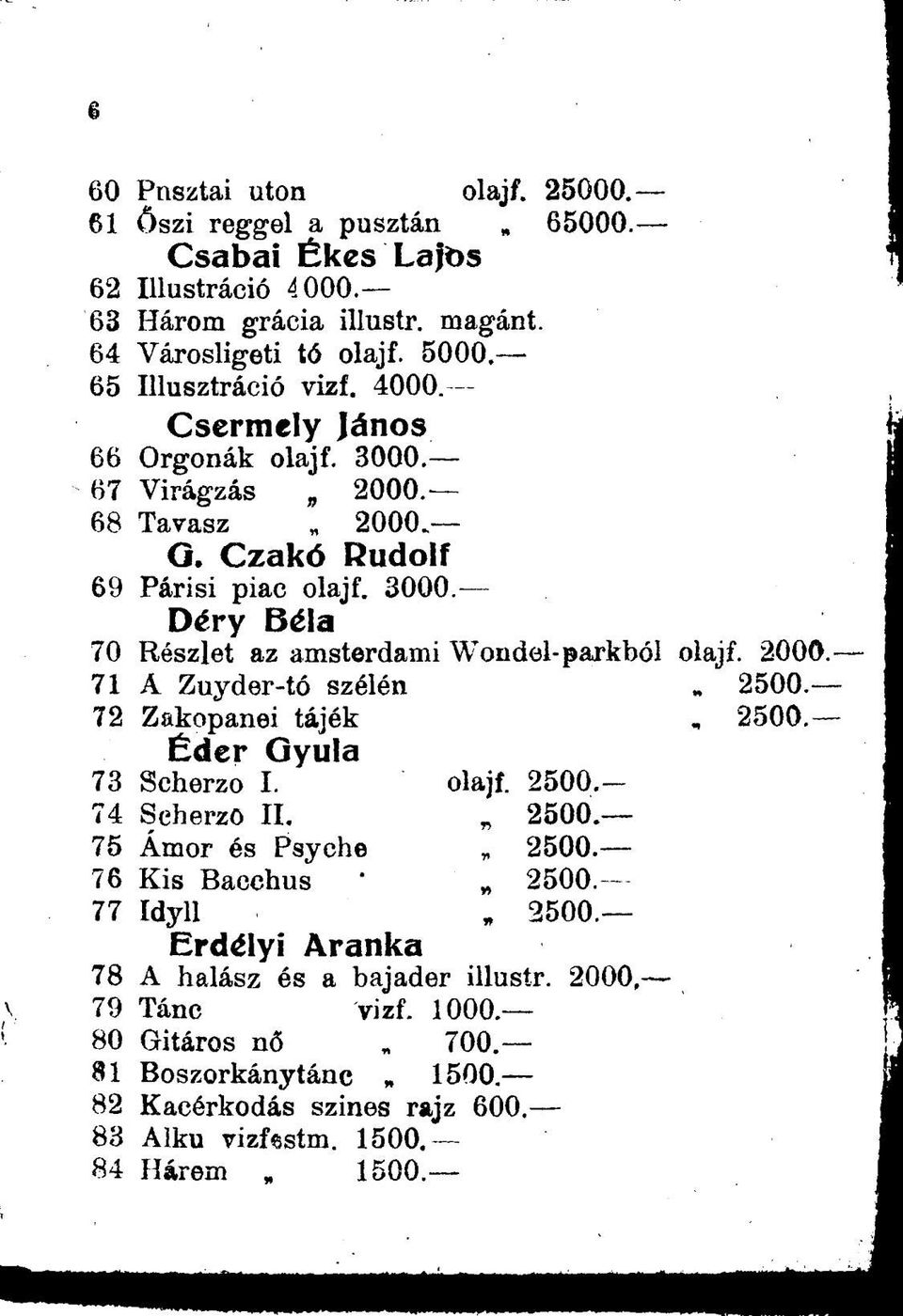 3000. Déry Béla Részlet az amsterdami Wondel-parkból olajf. 2000. A Zuyder-tó szélén 2500. Zakopanéi tájék, 2500. Éder Gyula Scherzo I. olajf. 2500.- Scherzö II. 2500. Ámor és Psyche 2500.