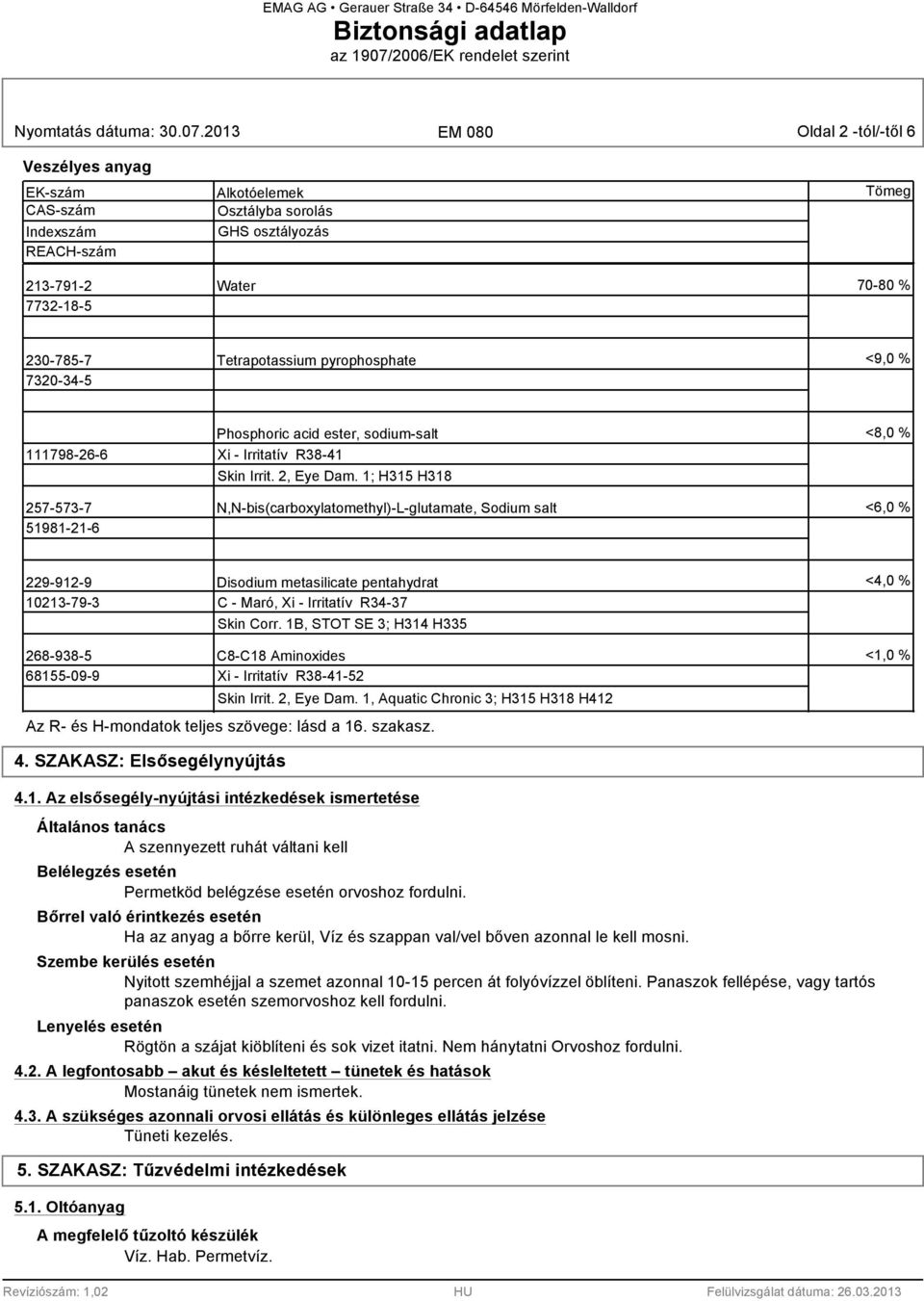 1; H315 H318 N,N-bis(carboxylatomethyl)-L-glutamate, Sodium salt <8,0 % <6,0 % 229-912-9 10213-79-3 Disodium metasilicate pentahydrat C - Maró, Xi - Irritatív R34-37 Skin Corr.