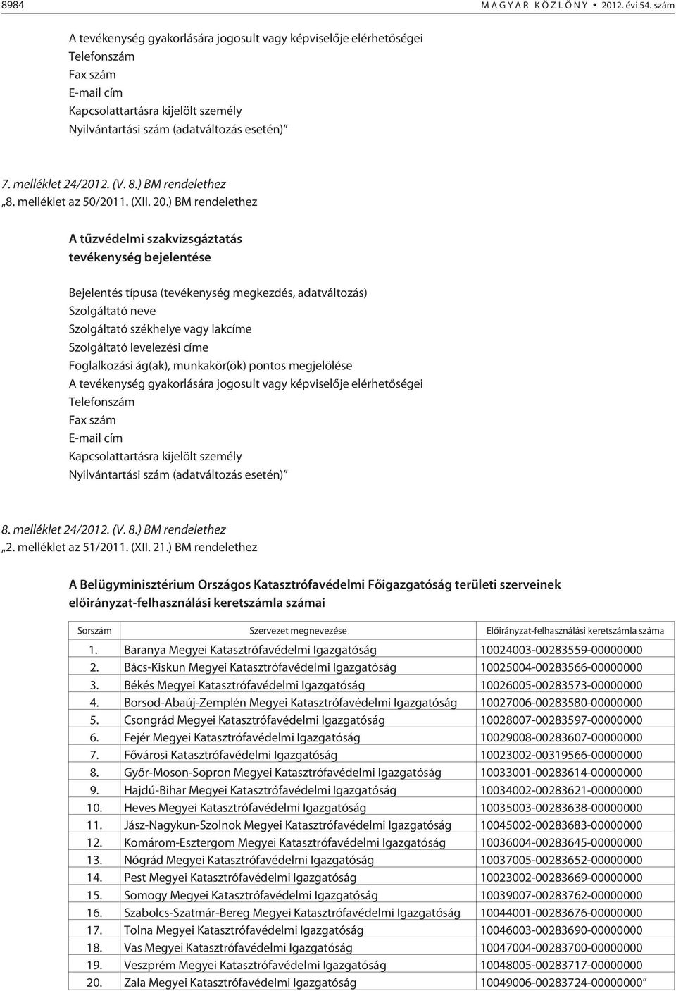 melléklet 24/2012. (V. 8.) BM rendelethez 8. melléklet az 50/2011. (XII. 20.