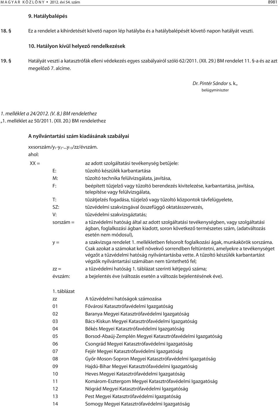Pintér Sándor s. k., belügyminiszter 1. melléklet a 24/2012. (V. 8.) BM rendelethez 1. melléklet az 50/2011. (XII. 20.) BM rendelethez A nyilvántartási szám kiadásának szabályai xxsorszám/y1-y2-.
