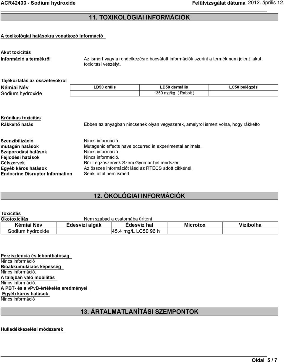 Tájékoztatás az összetevokrol Kémiai Név LD50 orális LD50 dermális LC50 belégzés Sodium hydroxide 1350 mg/kg ( Rabbit ) Krónikus toxicitás Rákkeltő hatás Ebben az anyagban nincsenek olyan vegyszerek,