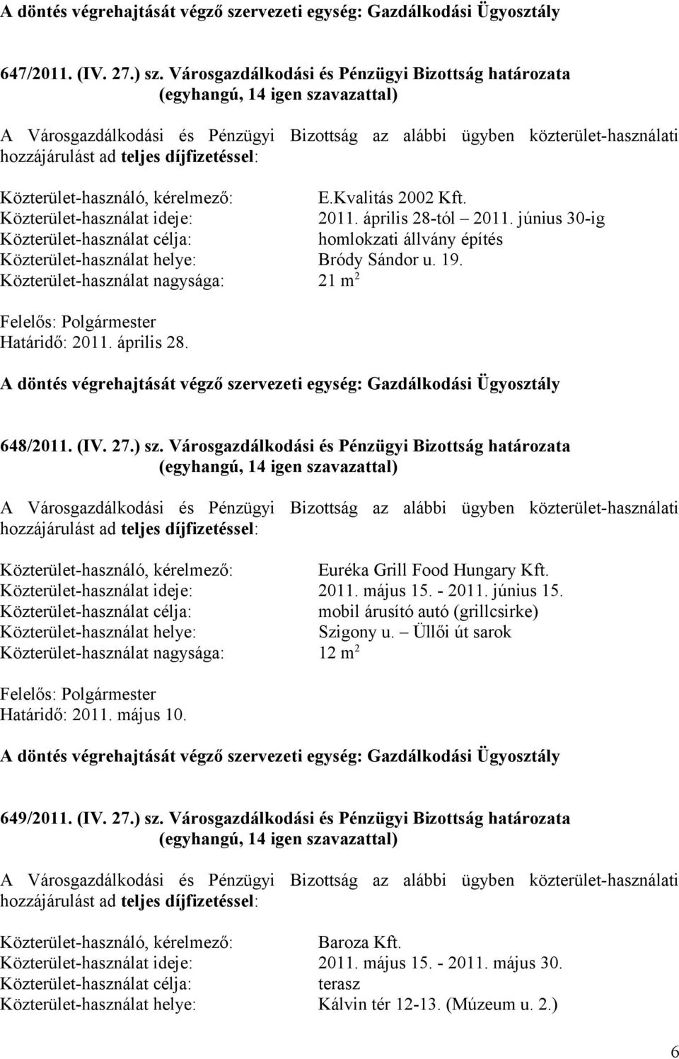 Városgazdálkodási és Pénzügyi Bizottság határozata Közterület-használó, kérelmező: Euréka Grill Food Hungary Kft. Közterület-használat ideje: 2011. május 15. - 2011. június 15.