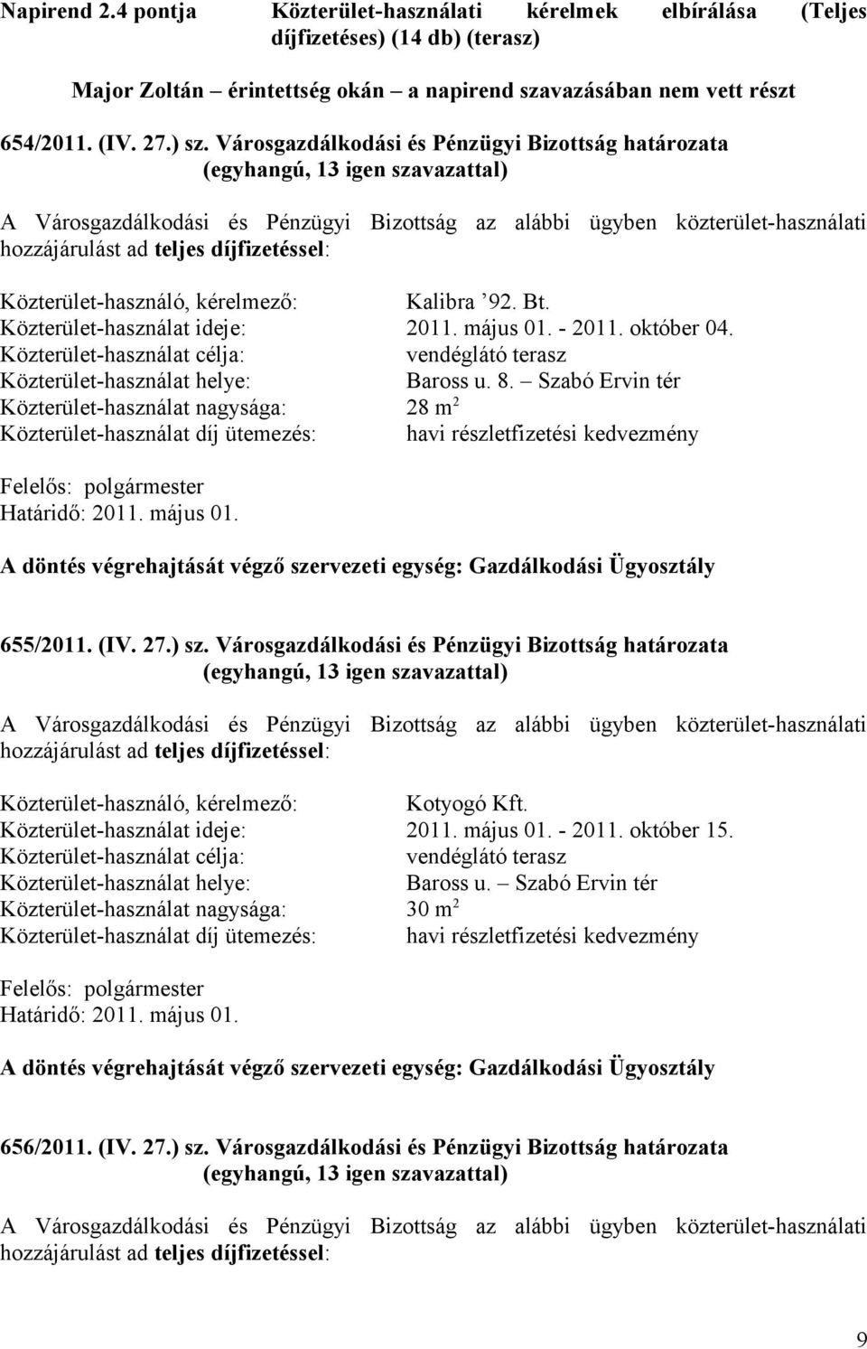 8. Szabó Ervin tér Közterület-használat nagysága: 28 m 2 655/2011. (IV. 27.) sz. Városgazdálkodási és Pénzügyi Bizottság határozata Közterület-használó, kérelmező: Kotyogó Kft.