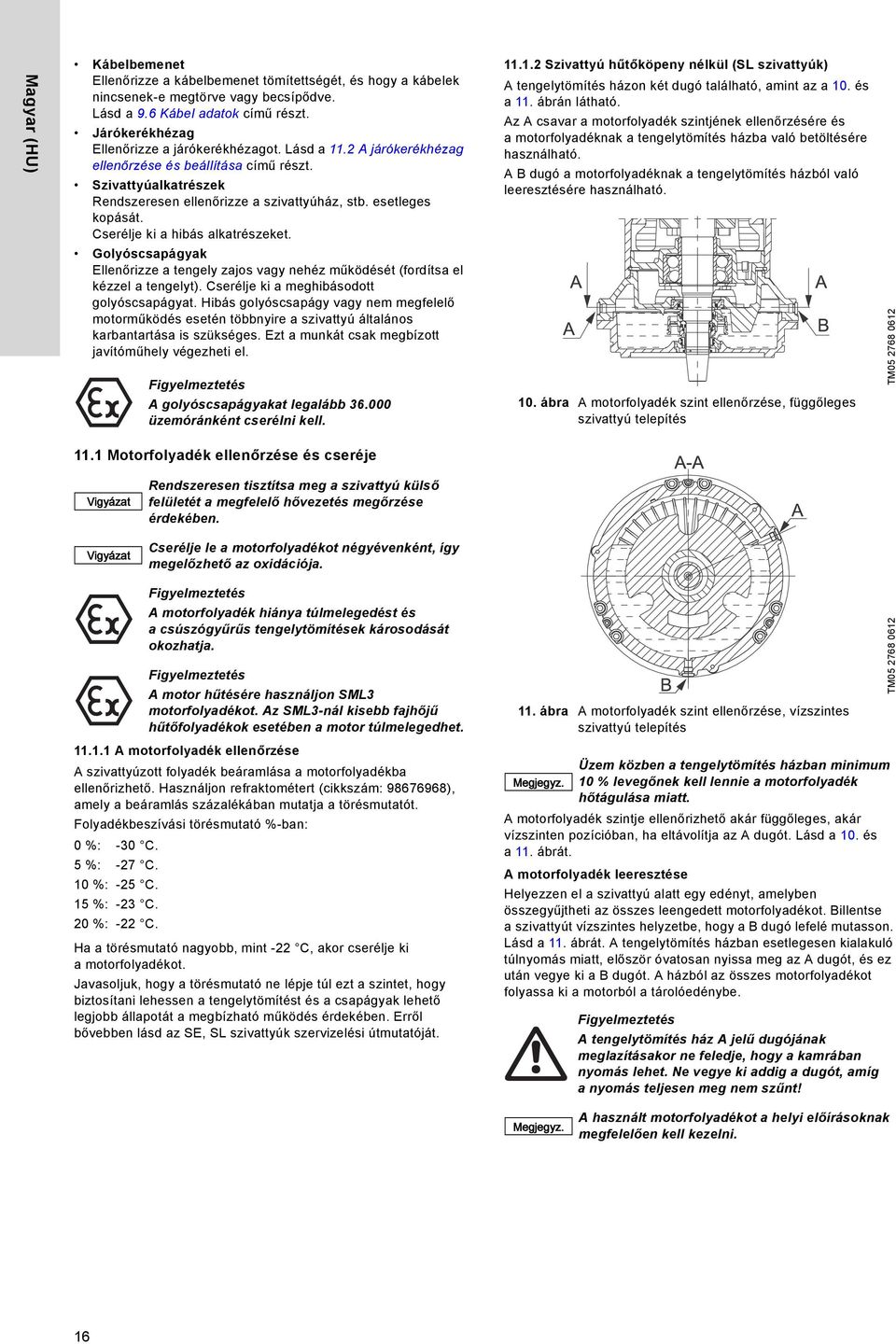 Cserélje ki a hibás alkatrészeket. Golyóscsapágyak Ellenőrizze a tengely zajos vagy nehéz működését (fordítsa el kézzel a tengelyt). Cserélje ki a meghibásodott golyóscsapágyat.