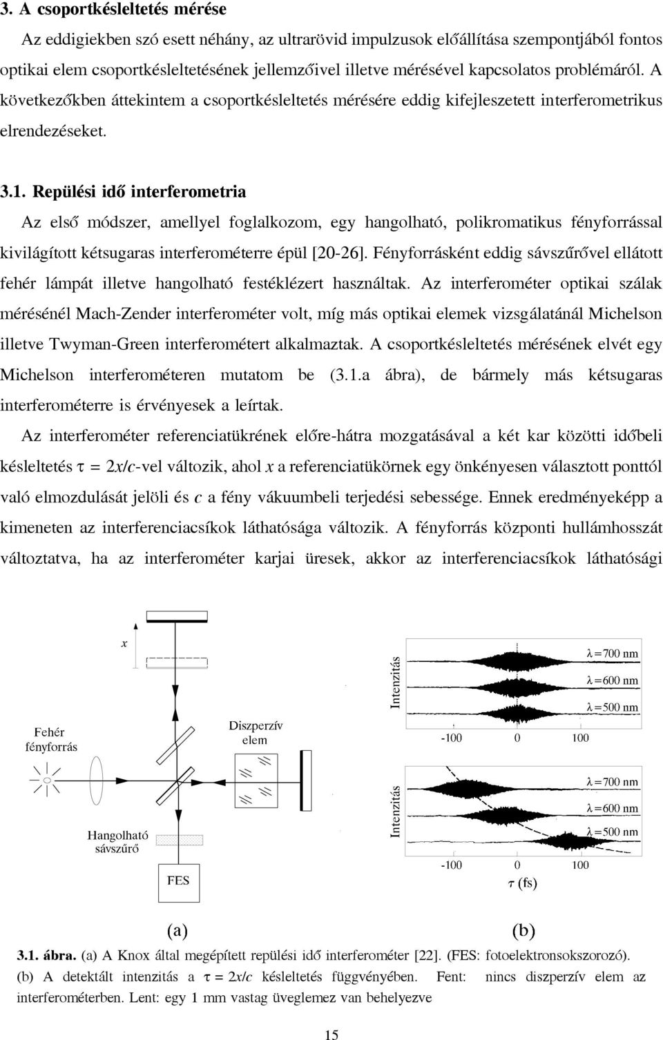 Repülési idő interferometria Az első módszer, amellyel foglalkozom, egy hangolható, polikromatikus fényforrással kivilágított kétsugaras interferométerre épül [20-26].