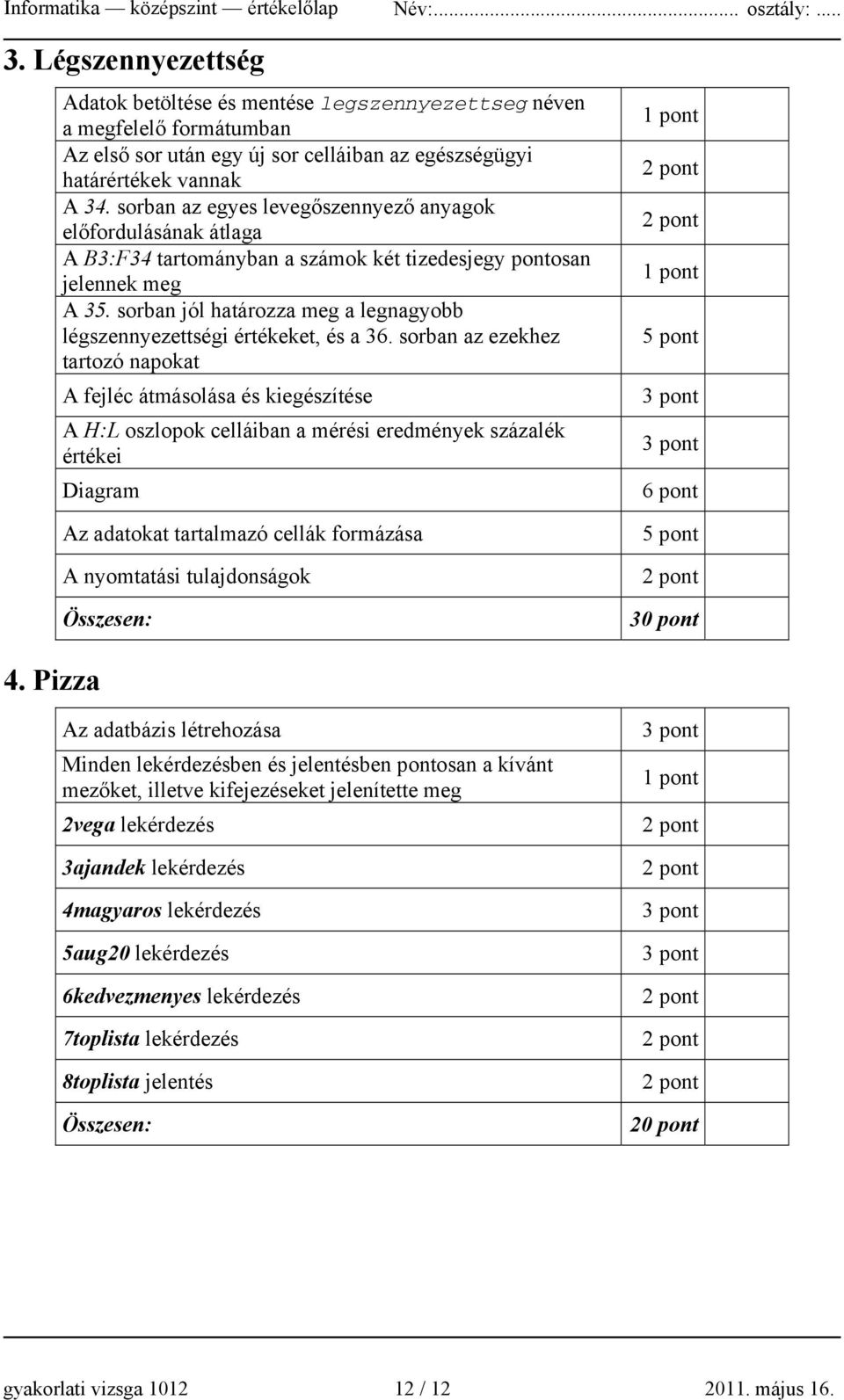 sorban az egyes levegőszennyező anyagok előfordulásának átlaga A B3:F34 tartományban a számok két tizedesjegy pontosan jelennek meg A 35.