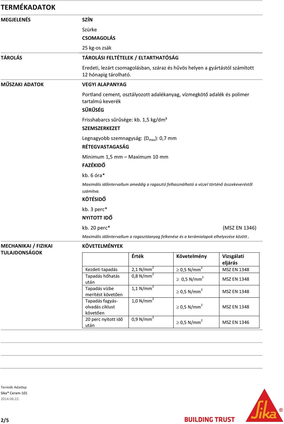 1,5 kg/dm³ SZEMSZERKEZET Legnagyobb szemnagyság: (D max ): 0,7 mm RÉTEGVASTAGASÁG Minimum 1,5 mm Maximum 10 mm FAZÉKIDŐ kb.