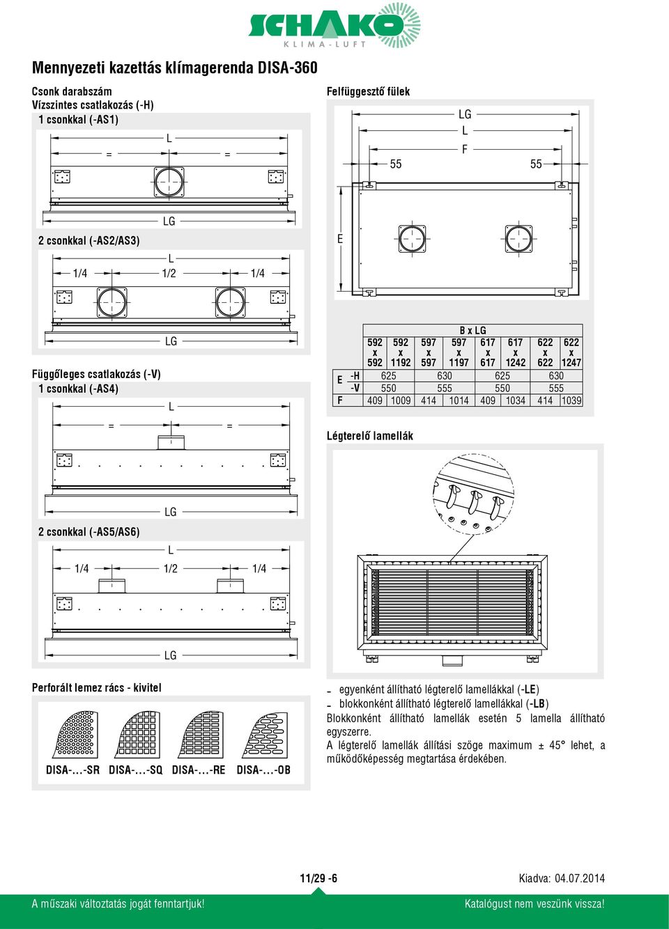 csonkkal (-AS5/AS6) 1/4 LG L 1/2 1/4 LG Perforált lemez rács - kivitel DISA-...-SR DISA-...-SQ DISA-...-RE DISA-.