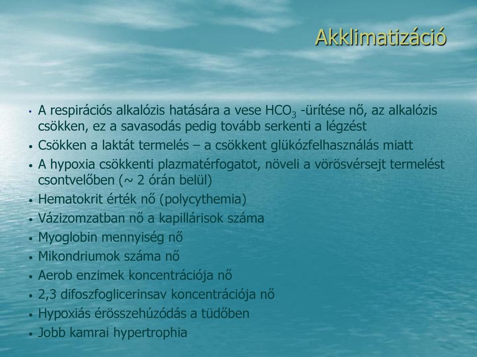 termelést csontvelőben (~ 2 órán belül) Hematokrit érték nő (polycythemia) Vázizomzatban nő a kapillárisok száma Myoglobin mennyiség nő