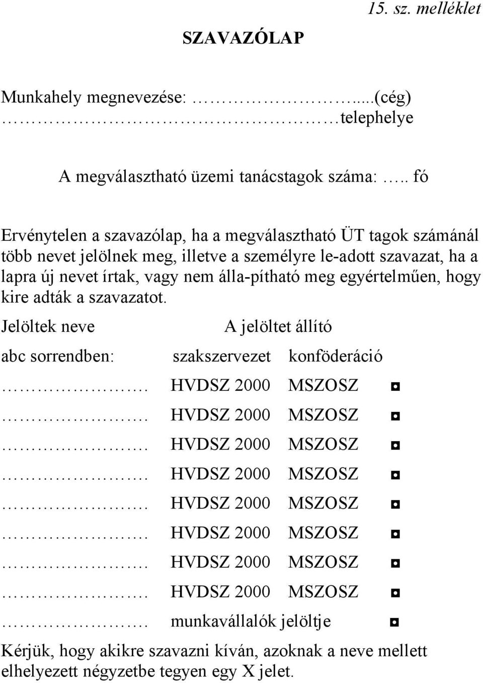 álla-pítható meg egyértelműen, hogy kire adták a szavazatot. Jelöltek neve abc sorrendben: A jelöltet állító szakszervezet konföderáció. HVDSZ 2000 MSZOSZ.