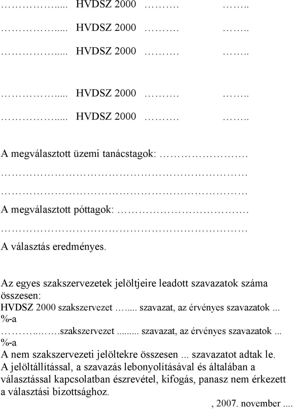 .. szavazat, az érvényes szavazatok... %-a...szakszervezet... szavazat, az érvényes szavazatok... %-a A nem szakszervezeti jelöltekre összesen.