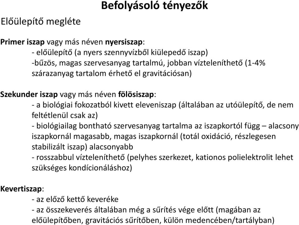 bontható szervesanyag tartalma az iszapkortól függ alacsony iszapkornál magasabb, magas iszapkornál (totál oxidáció, részlegesen stabilizált iszap) alacsonyabb -rosszabbul vízteleníthető (pelyhes