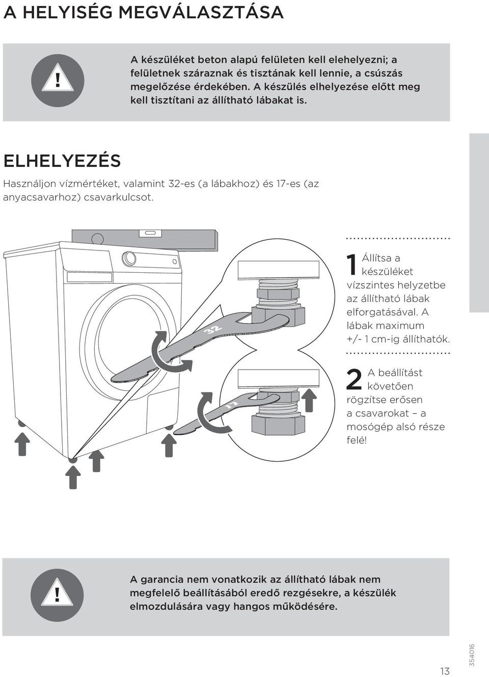 ELHELYEZÉS Használjon vízmértéket, valamint 32-es (a lábakhoz) és 17-es (az anyacsavarhoz) csavarkulcsot.