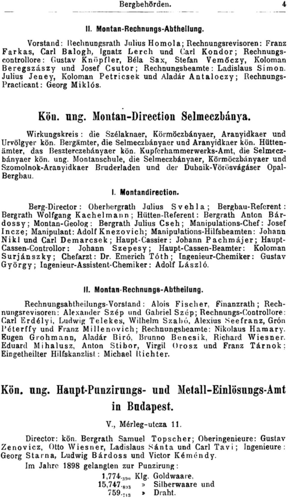 Beregszászy und Josef Csutor; Rechnungsbeamte: Ladislaus Simon. Julius Jeney, Koloman Petricsek und Aladár Antaloczy; Rechnungs- Practicant: Georg Miklós. Köu. ung. Montan-Direction Selmeczbánya.