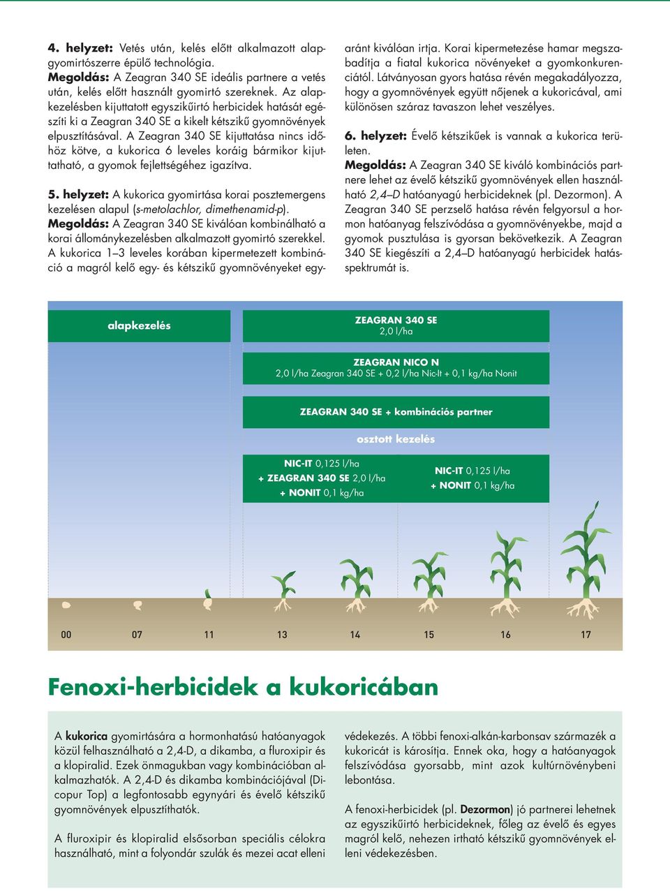 A Ze ag ran 340 SE kijuttatása nincs idô - höz kötve, a kukorica 6 leveles koráig bármikor kijuttatható, a gyomok fejlettségéhez iga zít va. 5.