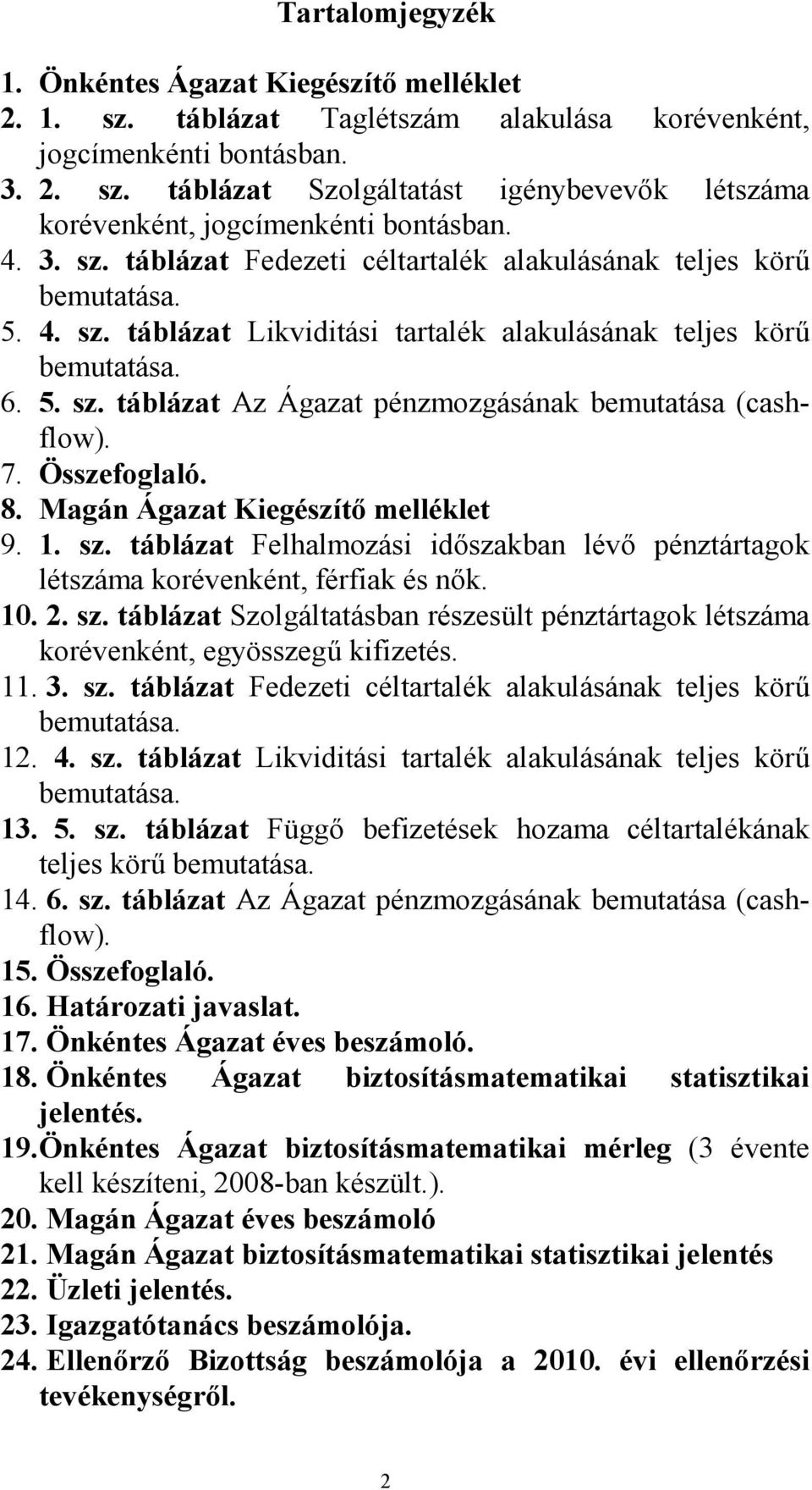 7. Összefoglaló. 8. Magán Ágazat Kiegészítı melléklet 9. 1. sz. táblázat Felhalmozási idıszakban lévı pénztártagok létszáma korévenként, férfiak és nık. 1. 2. sz. táblázat Szolgáltatásban részesült pénztártagok létszáma korévenként, egyösszegő kifizetés.