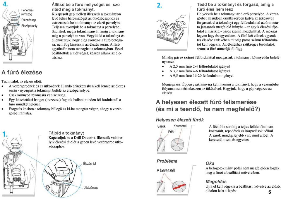 Szorítsuk meg a tokmányanyát, amíg a tokmány még a perselyben van. Vegyük ki a tokmányt és ellenırizzük, hogy elég szoros-e a fúró befogása, nem fog kicsúszni az élezés során.