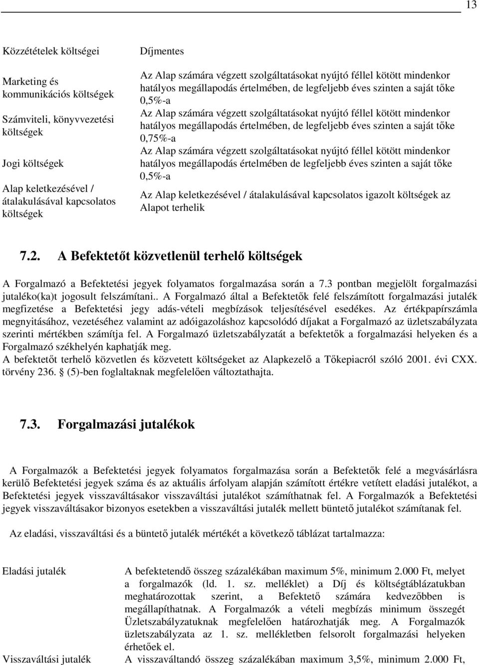 mindenkor hatályos megállapodás értelmében, de legfeljebb éves szinten a saját tıke 0,75%-a Az Alap számára végzett szolgáltatásokat nyújtó féllel kötött mindenkor hatályos megállapodás értelmében de