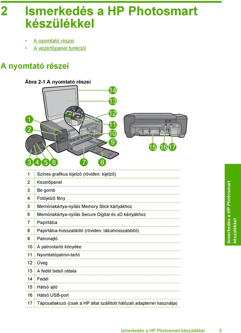 Papírtálca-hosszabbító (röviden: tálcahosszabbító) 9 Patronajtó 10 A patrontartó könyéke 11 Nyomtatópatron-tartó 12 Üveg 13 A fedél belső oldala 14 Fedél 15 Hátsó ajtó