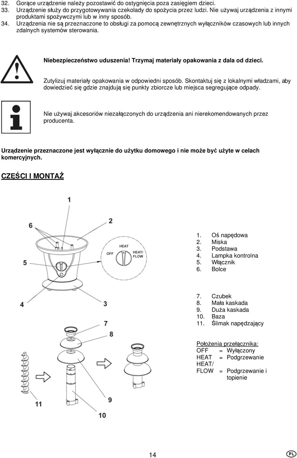 Urz dzenia nie s przeznaczone to obs ugi za pomoc zewn trznych wy czników czasowych lub innych zdalnych systemów sterowania. Niebezpiecze stwo uduszenia! Trzymaj materia y opakowania z dala od dzieci.
