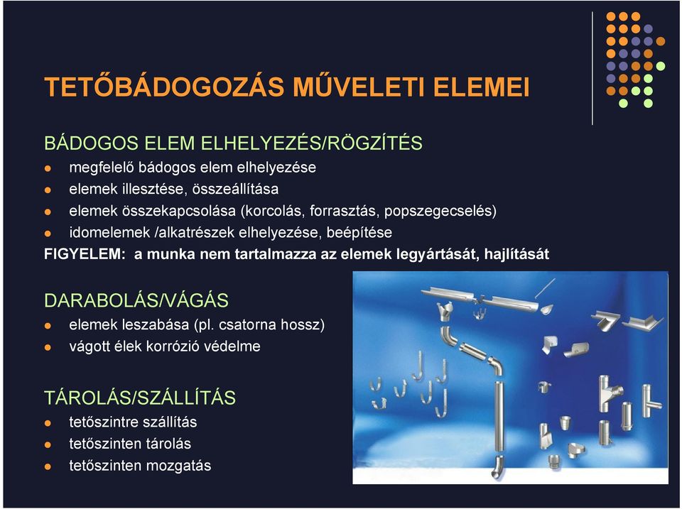 beépítése FIGYELEM: a munka nem tartalmazza az elemek legyártását, hajlítását DARABOLÁS/VÁGÁS elemek leszabása (pl.