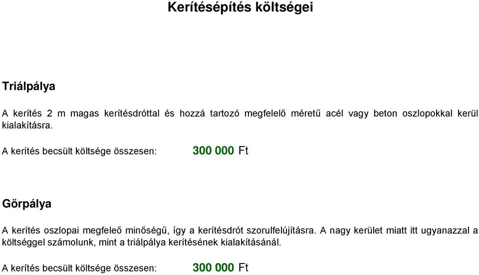 A kerítés becsült költsége : 300 000 Görpálya A kerítés oszlopai megfeleő minőségű, így a kerítésdrót